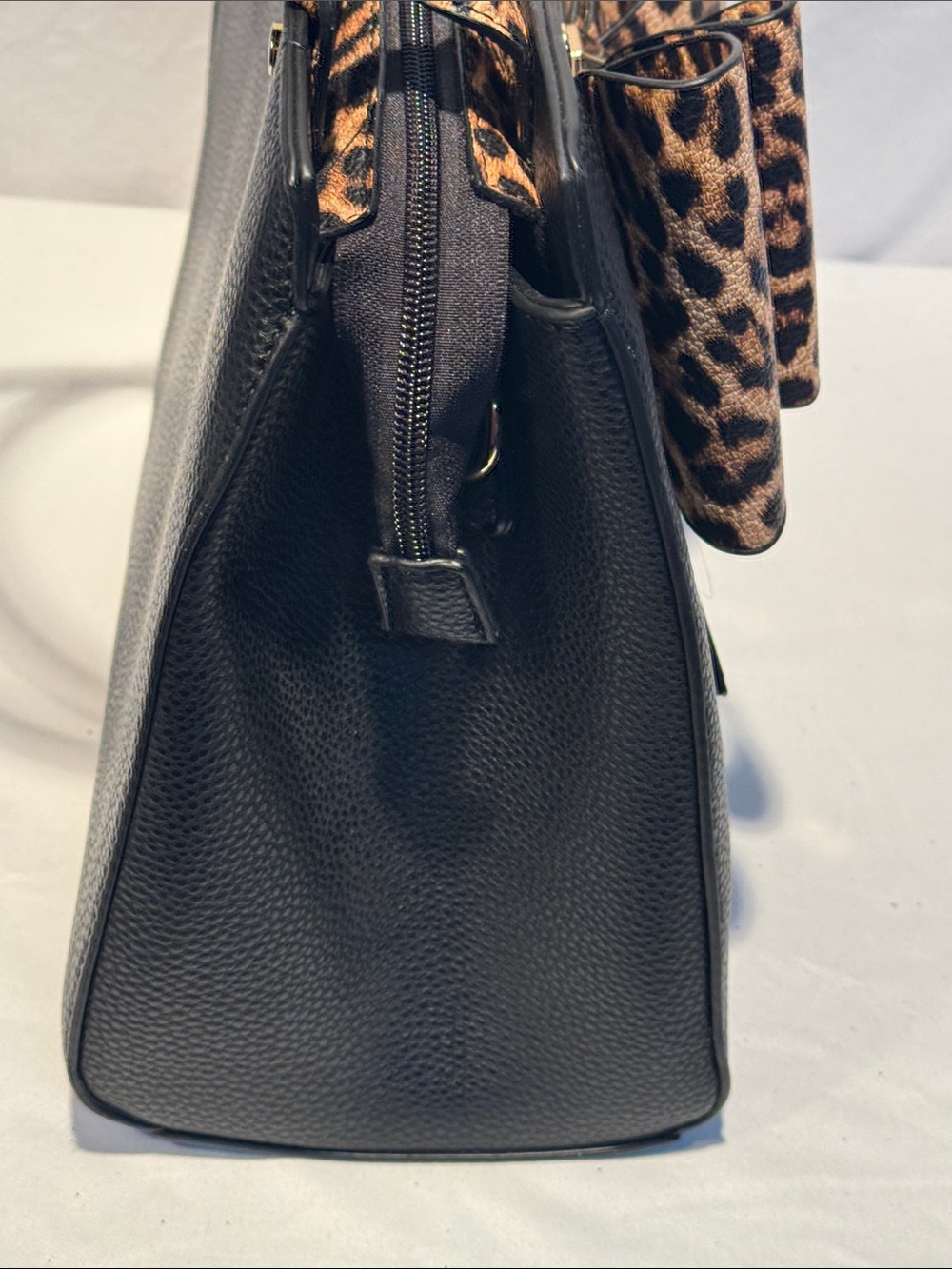Black Satchel with Leopard Bow Accent - Picture 6 of 15